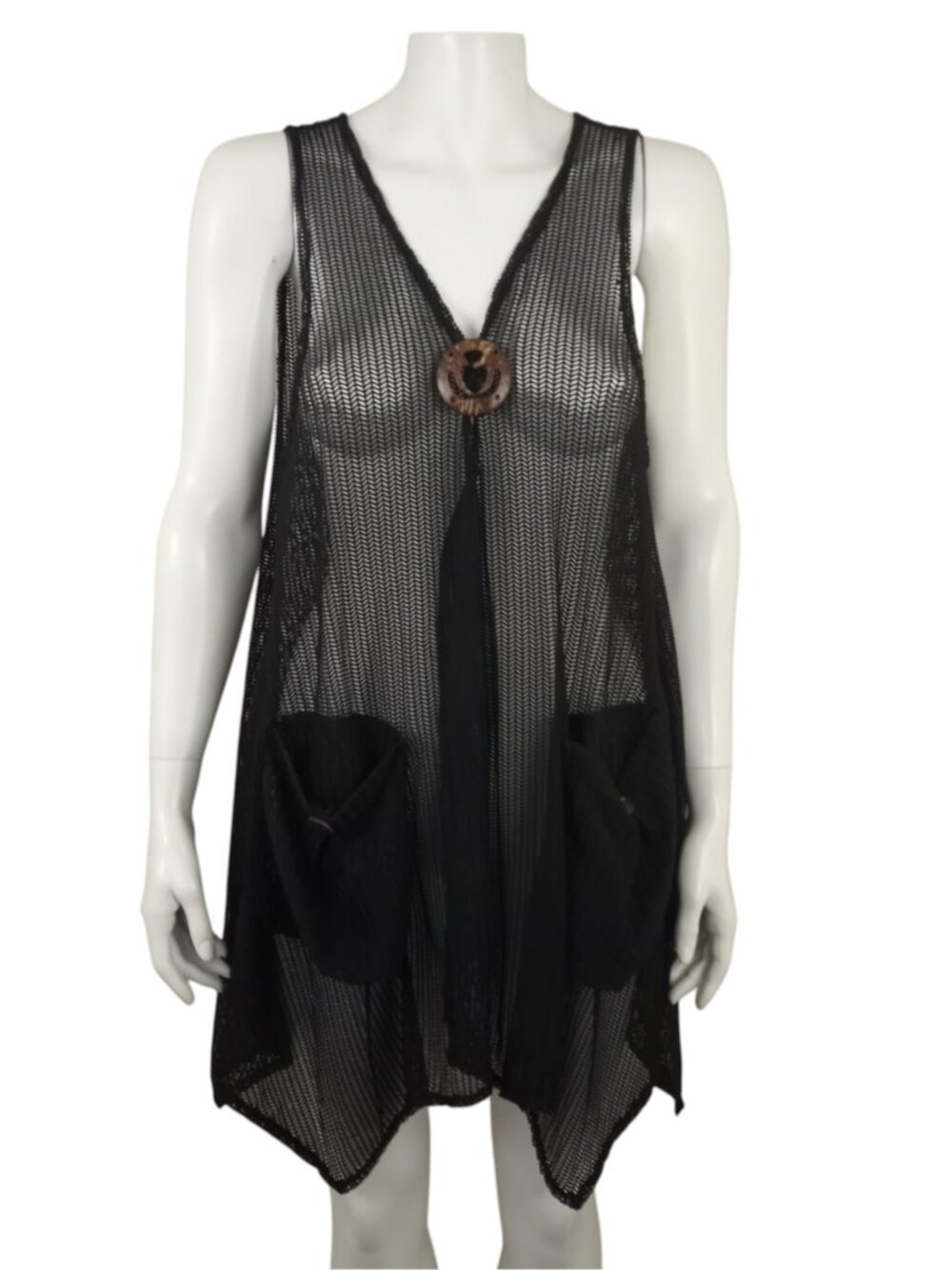 Surf Style Black Lagenlook Swim Coverup Sleeveless Open Weave Pockets - Picture 1 of 8